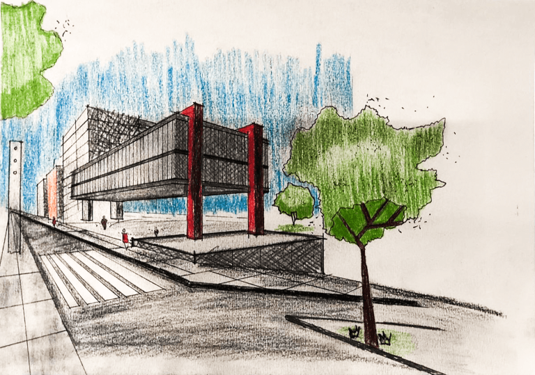 Imagem criada com o curso de Perspectiva a mão livre inclusa no pacote Projeto Arquitetônico.